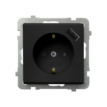 Gniazdo pojedyncze z uziemieniem schuko z przesłonami torów prądowych, z ładowarką USB seria SONATA kolor Czarny metalik symbol GP-1RSPUSB/m/33