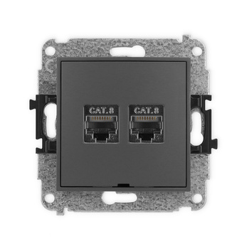Mechanizm gniazda komputerowego podwójnego 2xRJ45, kat. 8, ekranowany, 8-stykowy, bez pola opisowego Karlik seria ICON 28IGKBO-12 kolor grafitowy mat
