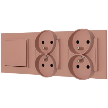 Włącznik pojedynczy i dwa gniazda podwójne z ramką kwadratową seria MINI kolor łososiowy