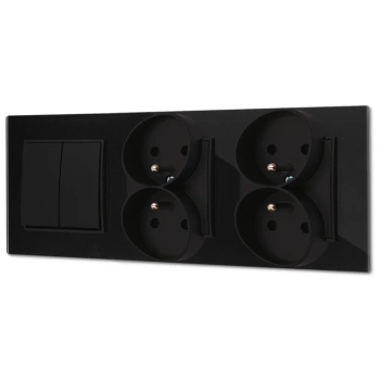 Włącznik podwójny i dwa gniazda podwójne z ramką kwadratową efekt szkła seria ICON kolor czarny