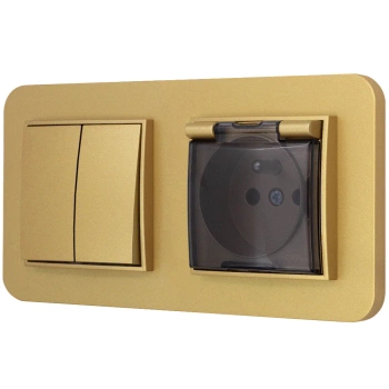 Włącznik podwójny z gniazdem hermetycznym z ramką zaokrągloną seria MINI kolor złoty