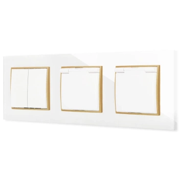 Włącznik podwójny i dwa gniazda hermetyczne z ramką kwadratową efekt szkła seria ICON kolor biały/złoty