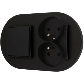 Włącznik pojedynczy z gniazdem podwójnym z ramką okrągłą seria MINI kolor czarny mat