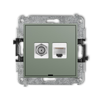 Mechanizm gniazda antenowego poj. typu F SAT + gniazda komp. poj. 1xRJ45, kat. 6, 8-stykowy, bez pola opisowego Karlik seria MINI 61MGFKBO-3 kolor szałwiowy