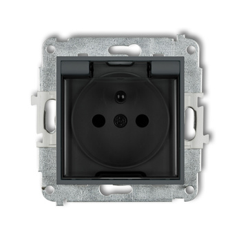 Mechanizm gniazda bryzgoszczelnego z uziemieniem 2P+Z klapka dymna, przesłony torów prądowych Karlik seria ICON 28IGPB-1zdp kolor grafitowy mat