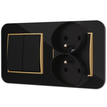 Włącznik podwójny z gniazdem podwójnym z ramką zaokrągloną efekt szkła seria ICON kolor czarny/złoty