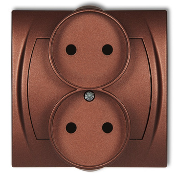 Gniazdo podwójne do ramki poziomej bez uziemienia 2x2P z przesłonami torów Karlik seria LOGO 9LGPR-2p kolor brązowy metalik