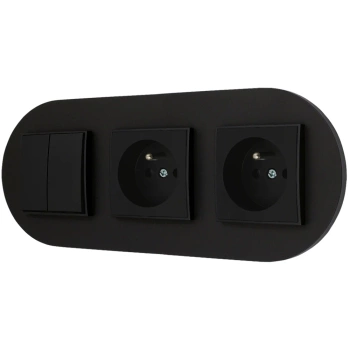 Włącznik podwójny i dwa gniazda pojedyncze z ramką okrągłą seria MINI kolor czarny mat