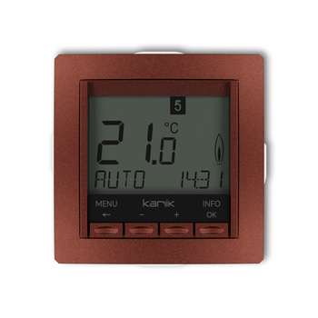 Mechanizm uniwersalnego elektronicznego tygodniowego regulatora temperatury podświetlenie białe Karlik seria DECO 9DRT-3.1 kolor brązowy metalik