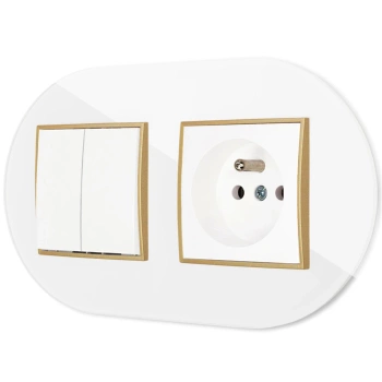Włącznik podwójny z gniazdem pojedynczym z ramką okrągłą efekt szkła seria ICON kolor biały/złoty