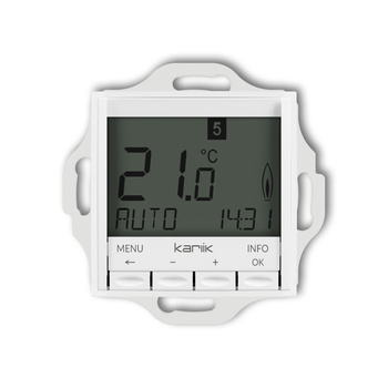 Mechanizm uniwersalnego elektronicznego tygodniowego regulatora temperatury podświetlenie niebieskie Karlik seria MINI 25MRT-3.2 kolor biały mat