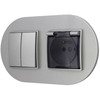 Włącznik podwójny z gniazdem hermetycznym z ramką okrągłą seria MINI kolor srebrny