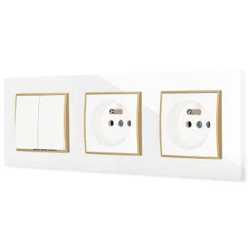 Włącznik podwójny i dwa gniazda pojedyncze z ramką kwadratową efekt szkła seria ICON kolor biały/złoty