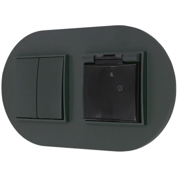 Włącznik podwójny z gniazdem hermetycznym z ramką okrągłą seria MINI kolor grafitowy mat