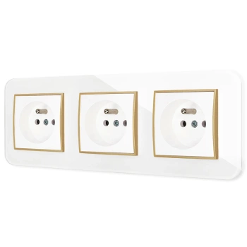 Trzy gniazda pojedyncze z ramką zaokrągloną efekt szkła seria ICON kolor biały/złoty