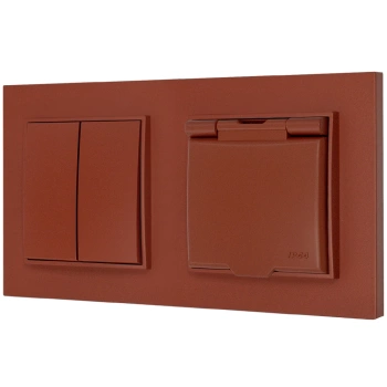 Włącznik podwójny z gniazdem hermetycznym z ramką kwadratową seria MINI kolor terakota