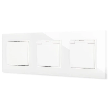 Włącznik pojedynczy i dwa gniazda hermetyczne z ramką kwadratową efekt szkła seria ICON kolor biały