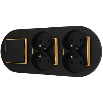 Włącznik pojedynczy i dwa gniazda podwójne z ramką okrągłą seria MINI kolor czarny złoty