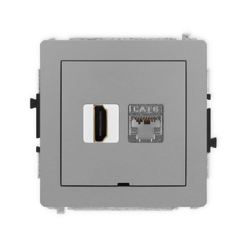 Mechanizm gniazda pojedynczego HDMI 2.0, 4K + gniazda komp. poj. 1xRJ45, kat. 6, ekranowany, 8-stykowy, bez pola opisowego Karlik seria DECO 27DGHKBO-46 kolor szary mat