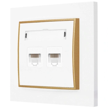Gniazdo internetowe rj45 2x z ramką prostą seria MINI kolor biały mat/złoty