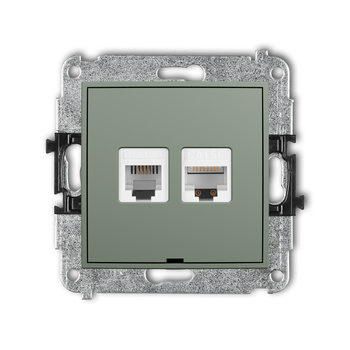 Mechanizm gniazda telefonicznego pojedynczego 1xRJ11 + komputerowego pojedynczego 1xRJ45, kat. 5e, 8-stykowy, beznarzędziowe, bez pola opisowego Karlik seria MINI 61MGTKBO kolor szałwiowy