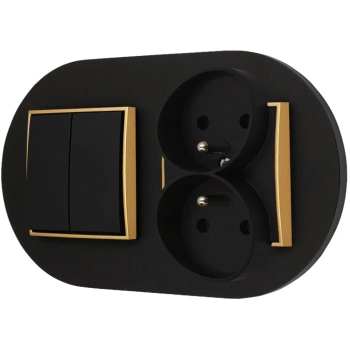 Włącznik podwójny z gniazdem podwójnym z ramką okrągłą seria MINI kolor czarny złoty