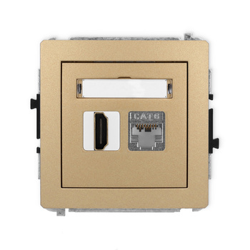 Mechanizm gniazda pojedynczego HDMI 2.0, 4K + gniazda komp. poj. 1xRJ45, kat. 6, ekranowany, 8-stykowy Karlik seria DECO 8DGHK-46 kolor złoty metalik