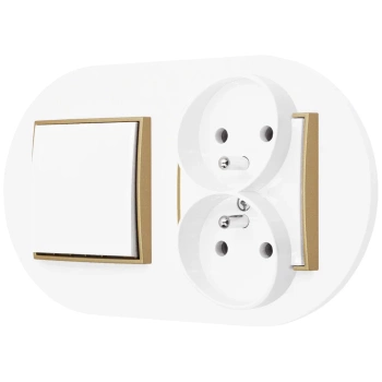 Włącznik pojedynczy z gniazdem podwójnym z ramką okrągłą seria MINI kolor biały złoty
