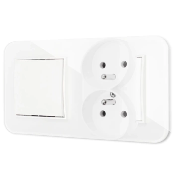 Włącznik pojedynczy z gniazdem podwójnym z ramką zaokrągloną efekt szkła seria ICON kolor biały