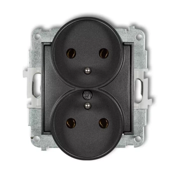 Mechanizm gniazda podwójnego do ramki z uziemieniem 2x2P+Z bez przesłon torów prądowych Karlik seria MINI 11MGPR-2z kolor grafitowy