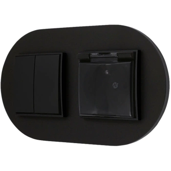 Włącznik podwójny z gniazdem hermetycznym z ramką okrągłą seria MINI kolor czarny mat