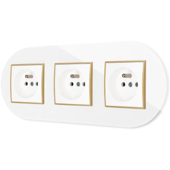 Trzy gniazda pojedyncze z ramką okrągłą efekt szkła seria ICON kolor biały/złoty