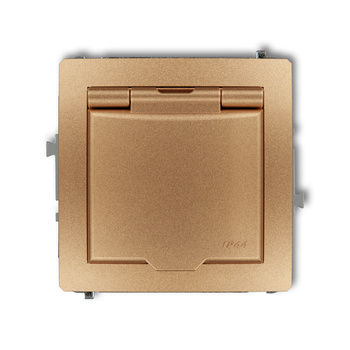 Mechanizm gniazda bryzgoszczelnego z uziemieniem 2P+Z klapka złoty metalik, przesłony torów prądowych Karlik seria DECO 8DGPB-1zp kolor złoty metalik