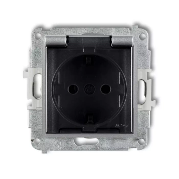 Mechanizm gniazda bryzgoszczelnego z uziemieniem SCHUKO 2P+Z klapka dymna, przesłony torów prądowych Karlik seria MINI 7MGPB-1sdp kolor srebrny metalik