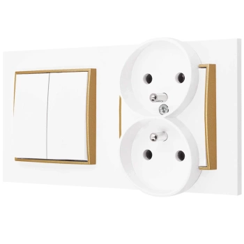Włącznik podwójny z gniazdem podwójnym z ramką prostą seria MINI kolor biały mat/złoty