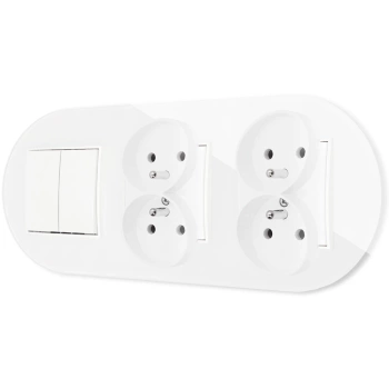 Włącznik podwójny i dwa gniazda podwójne z ramką okrągłą efekt szkła seria ICON kolor biały