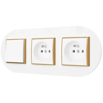 Włącznik pojedynczy i dwa gniazda pojedyncze z ramką okrągłą seria MINI kolor biały mat/złoty