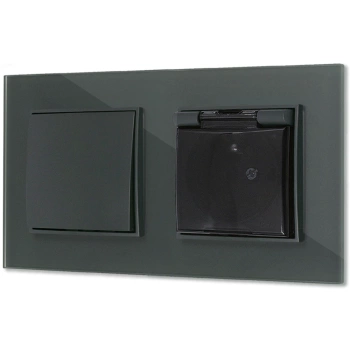 Włącznik pojedynczy z gniazdem hermetycznym z ramką kwadratową efekt szkła seria ICON kolor grafitowy mat