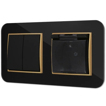 Włącznik podwójny z gniazdem hermetycznym z ramką zaokrągloną efekt szkła seria ICON kolor czarny/złoty