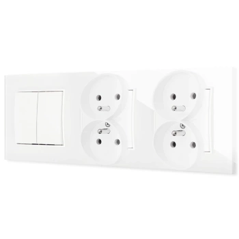 Włącznik podwójny i dwa gniazda podwójne z ramką kwadratową efekt szkła seria ICON kolor biały