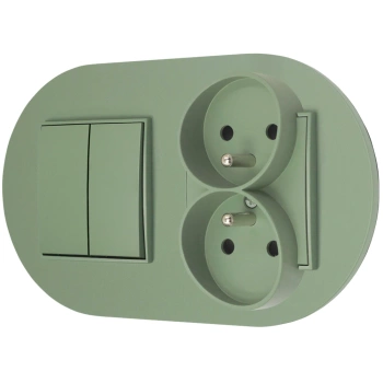Włącznik podwójny z gniazdem podwójnym z ramką okrągłą seria MINI kolor szałwiowy