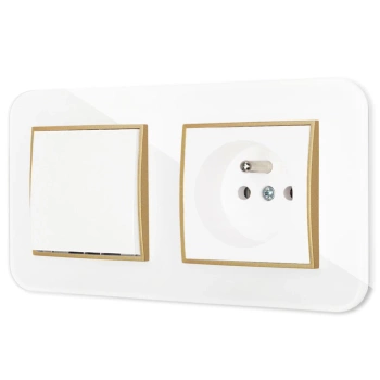Włącznik pojedynczy z gniazdem pojedynczym z ramką zaokrągloną efekt szkła seria ICON kolor biały/złoty