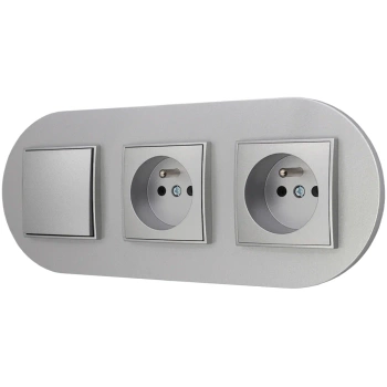 Włącznik pojedynczy i dwa gniazda pojedyncze z ramką okrągłą seria MINI kolor srebrny