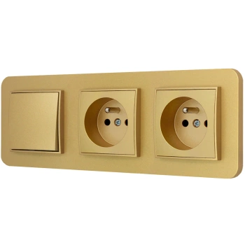 Włącznik pojedynczy i dwa gniazda pojedyncze z ramką zaokrągloną seria MINI kolor złoty