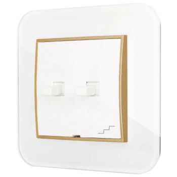 Włącznik schodowy podwójny w stylu USA ramka zaokrąglona efekt szkła seria ICON kolor biały/złoty