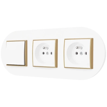 Włącznik pojedynczy i dwa gniazda pojedyncze z ramką okrągłą seria MINI kolor biały złoty