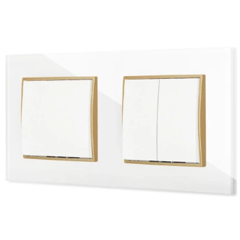 Dwa włączniki pojedynczy i podwójny z ramką kwadratową efekt szkła seria ICON kolor biały/złoty