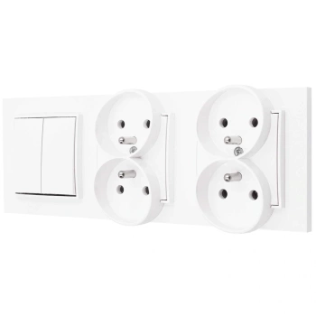 Włącznik podwójny i dwa gniazda podwójne z ramką prostą seria MINI kolor biały mat