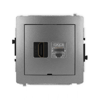 Mechanizm gniazda pojedynczego HDMI 2.1, 8K + gniazda komp. poj. 1xRJ45, kat. 8, ekranowany, 8-stykowy, bez pola opisowego Karlik seria DECO 11DGHKBO-88 kolor grafitowy
