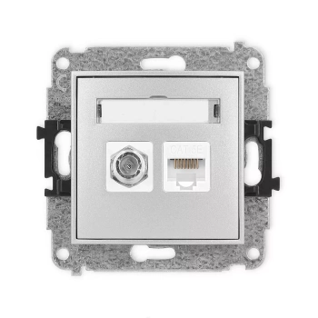 Mechanizm gniazda antenowego poj. typu F SAT + gniazda komp. poj. 1xRJ45, kat. 5e, 8-stykowy Karlik seria ICON 7IGFK-1 kolor srebrny metalik
